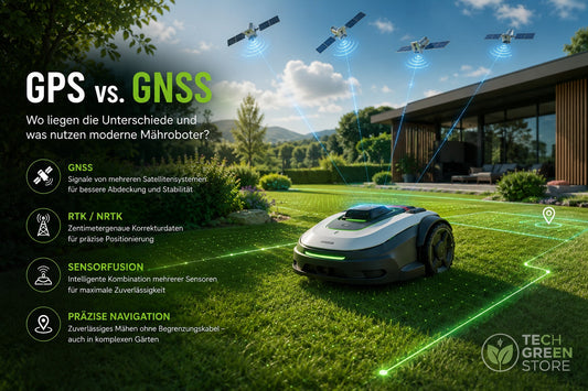 Mähroboter ohne Begrenzungskabel mit GNSS-Satellitennavigation, RTK/NRTK und digitaler Sensorfusion in einem modernen Garten.