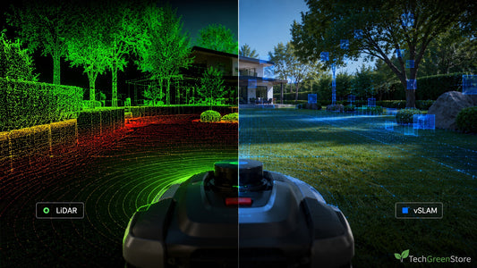 Vergleich der Navigationstechnologien LiDAR und vSLAM bei einem modernen Mähroboter ohne Begrenzungskabel mit Visualisierung von Laser- und Kameranavigation.