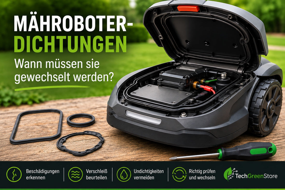 Mähroboter mit geöffneter Abdeckung und sichtbaren Dichtungen – Hinweise auf Schäden, Verschleiß und Undichtigkeiten erkennen