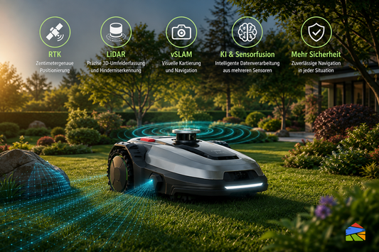 Fotorealistischer Mähroboter mit LiDAR-, RTK- und vSLAM-Navigation auf einem gepflegten Rasen. Digitale Scanlinien symbolisieren moderne Sensorfusion und intelligente Hinderniserkennung.