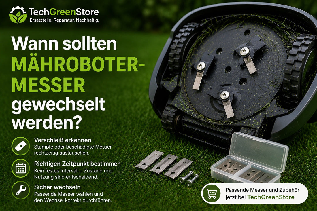 Mähroboter mit Schneidmessern und Ersatzmessern auf einer Rasenfläche.