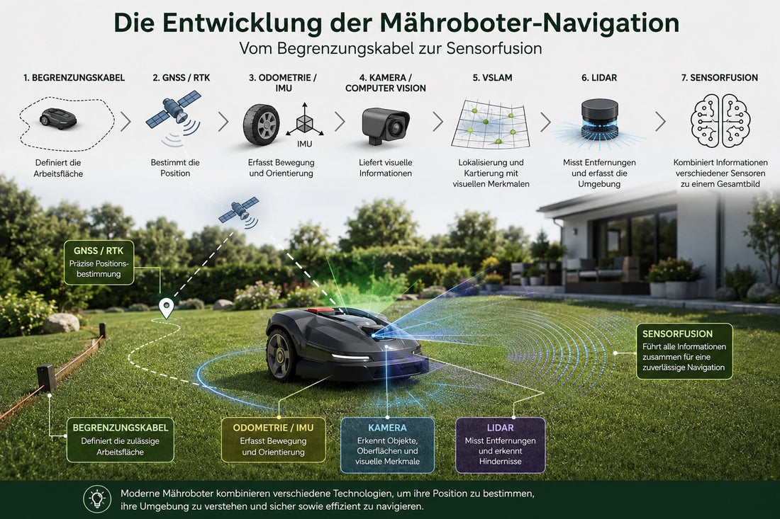 Mähroboter-Navigation von Begrenzungskabel über RTK und LiDAR bis zur Sensorfusion