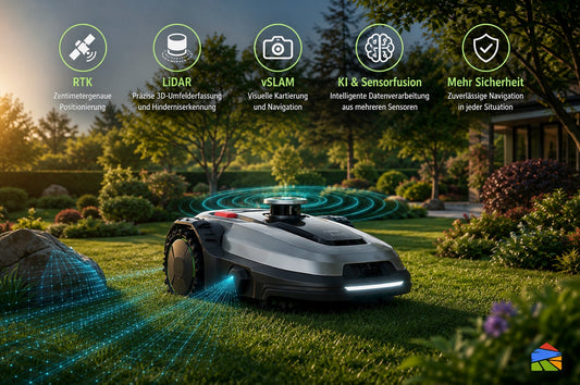 Mähroboter mit LiDAR, RTK, vSLAM und Sensorfusion auf einem gepflegten Gartenrasen – moderne Navigation ohne Begrenzungskabel.