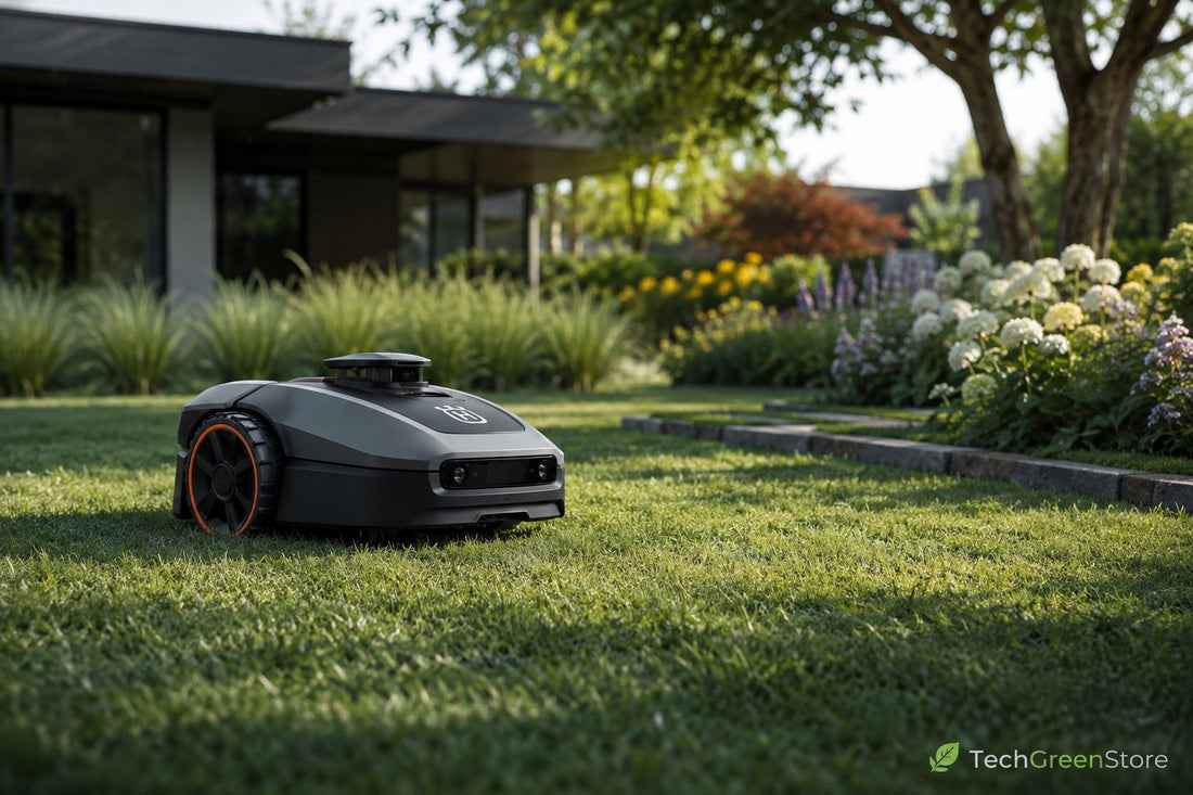Moderner Mähroboter ohne Begrenzungskabel bei der Navigation auf einem gepflegten Gartenrasen mit intelligenter RTK-, LiDAR- und Kameratechnologie.