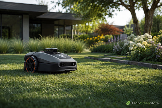 Moderner Mähroboter ohne Begrenzungskabel bei der Navigation auf einem gepflegten Gartenrasen mit intelligenter RTK-, LiDAR- und Kameratechnologie.