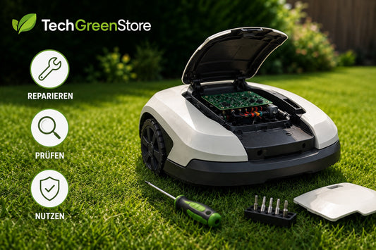 Mähroboter mit geöffnetem Gehäuse bei der Reparatur im Garten – Ersatzteil statt Austausch des Geräts.