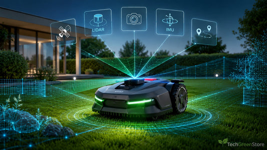 Visualisierung der Sensorfusion bei einem Mähroboter mit RTK, LiDAR, vSLAM und IMU für eine präzise Navigation ohne Begrenzungskabel.