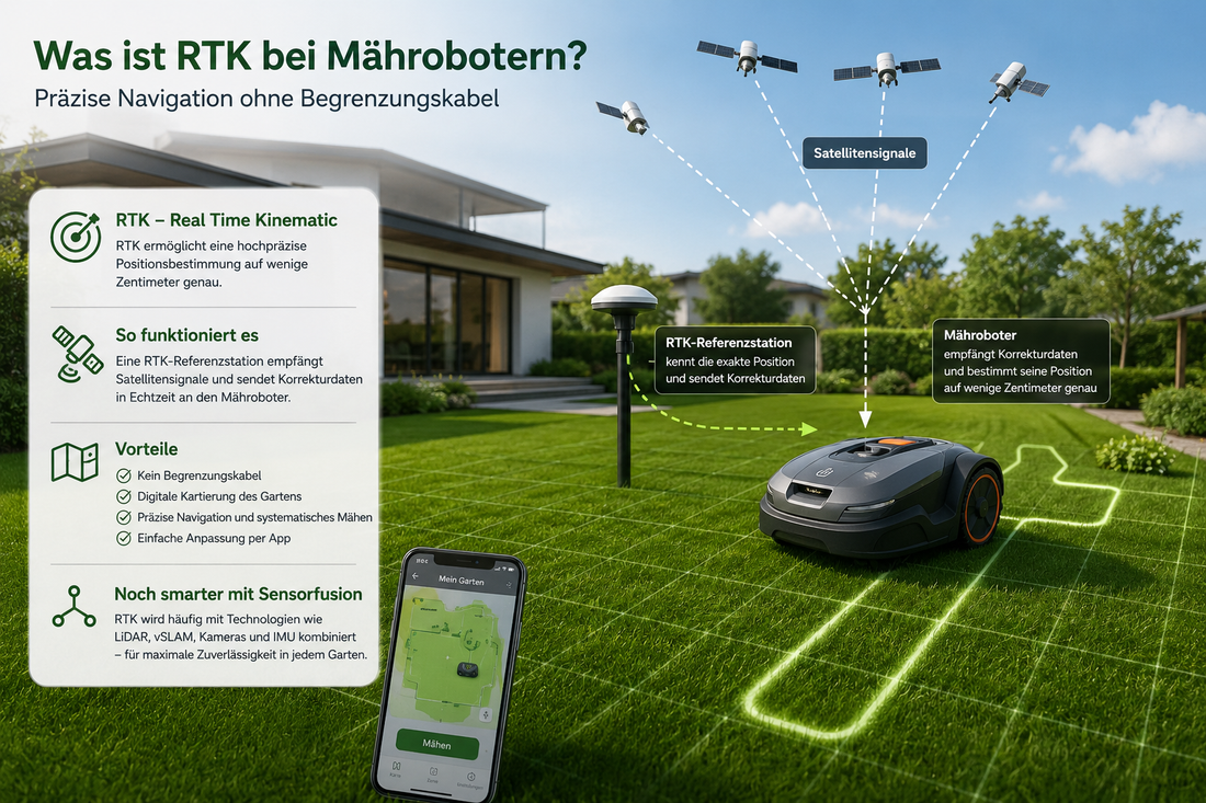 RTK bei Mährobotern einfach erklärt: Infografik zur präzisen Satellitennavigation ohne Begrenzungskabel mit RTK-Referenzstation und digitaler Gartenkarte.